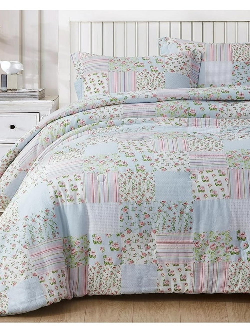 Light Blue Floral Patchwork Full size 100% cotton 3 piece Comforter Set